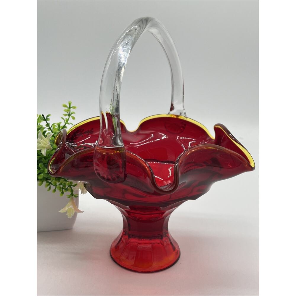 Viking Glass Ruby Amberina Georgian Handled Basket 9.5" Yellow Rim Art Glass USA